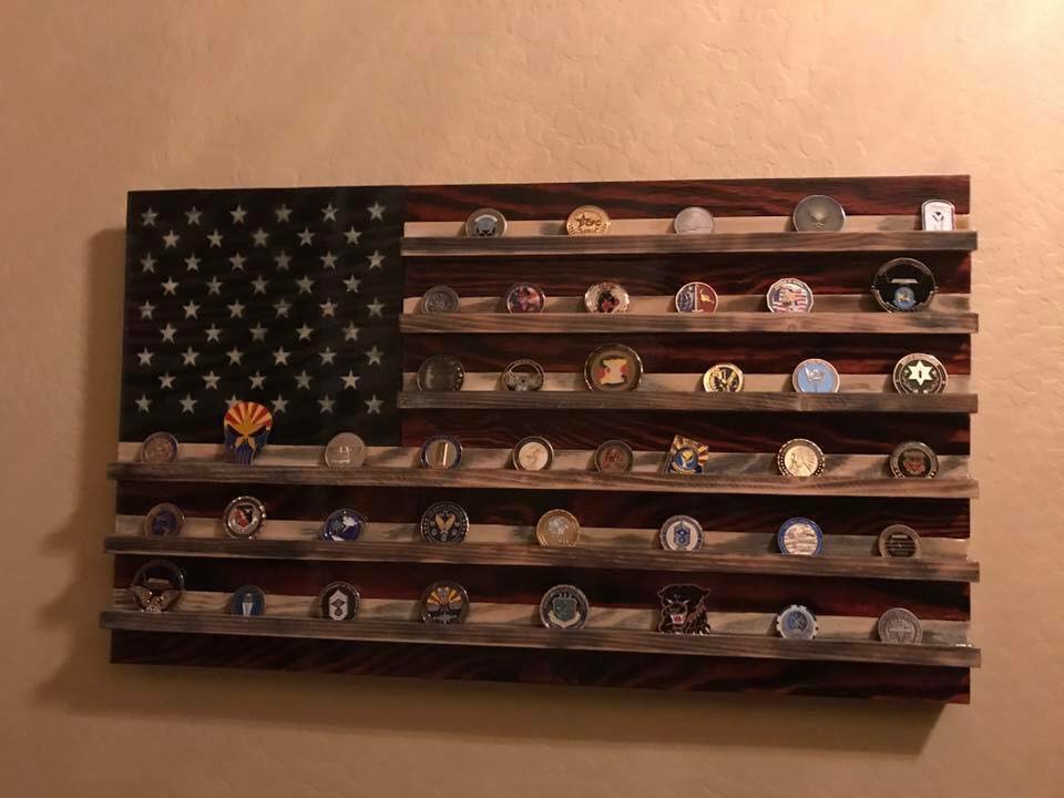 Challenge Coin Holder American Burnt Wood Flag Military Veteran Made in the USA-Patriotic Handmade Rustic Gift for Law Enforcement Police