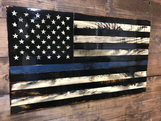 Tattered Thin Blue Line - Handmade Wooden American Flags