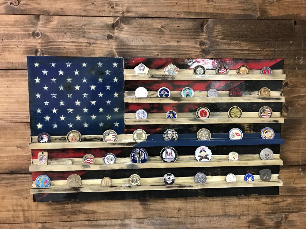 Challenge Coin Holder American Burnt Wood Flag Military Veteran Made in the USA-Patriotic Handmade Rustic Gift for Law Enforcement Police